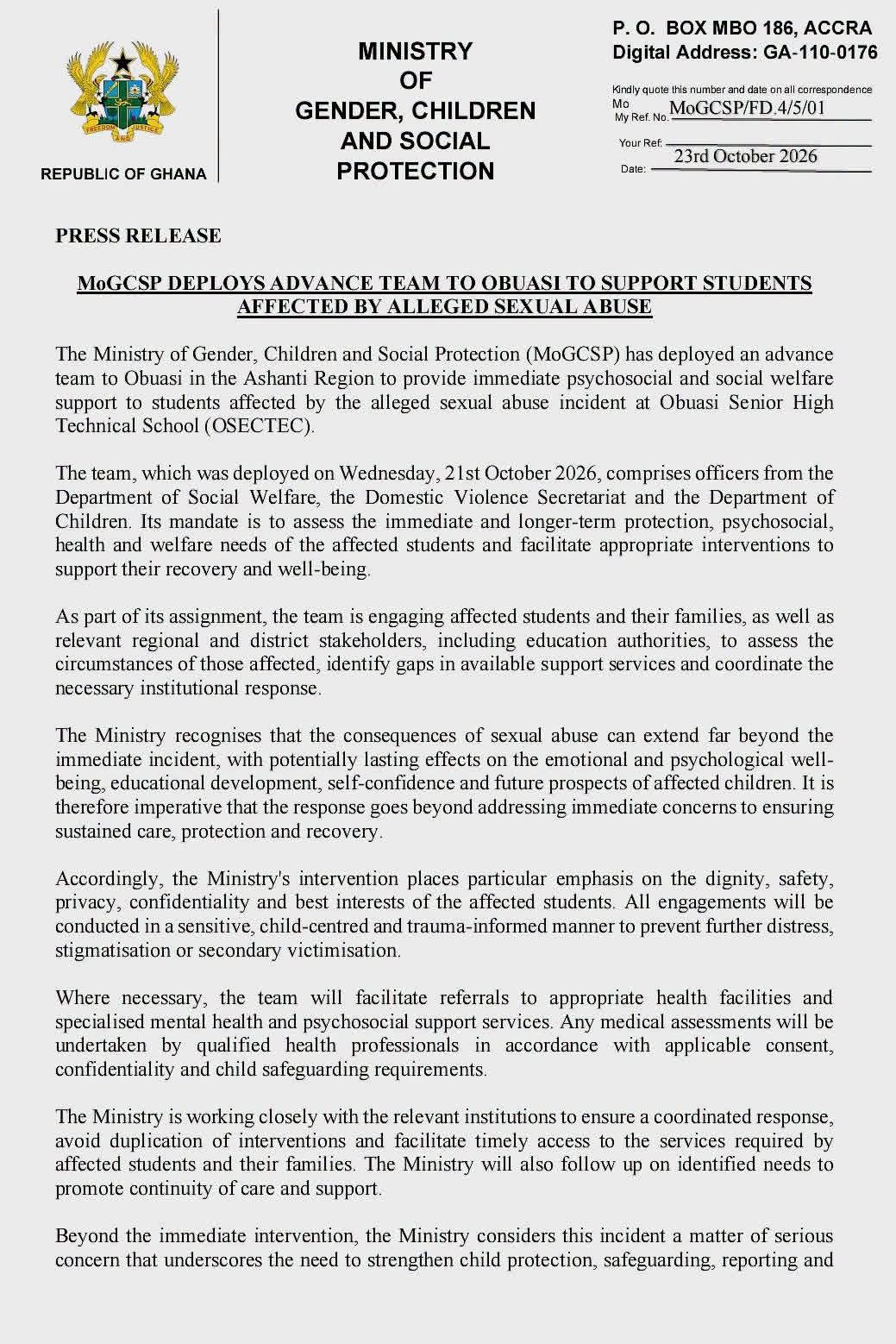MoGCSP Deploys Advance Team To Obuasi Over Alleged Sexual Abuse At OSECTEC
